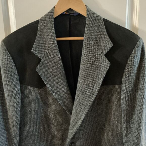 Pendleton Mens Blazer 44 Gray Tweed Wool – Black Suede Elbow Patches & Shoulder - Picture 3 of 14